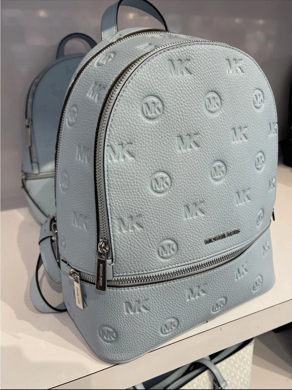 Michael Kors Rhea Medium Zip Logo Debossed Backpack Pale Ocean NWT